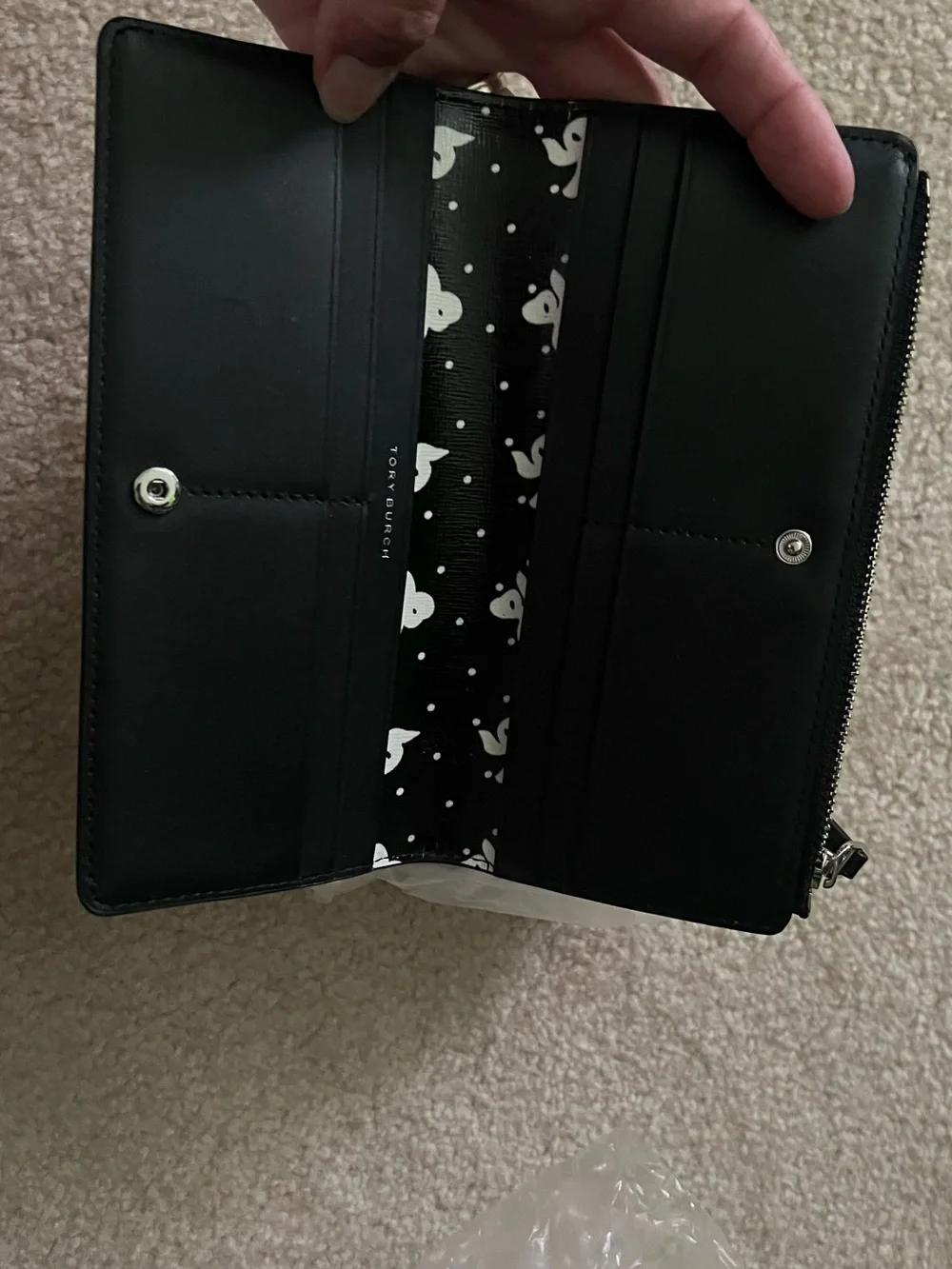 Tory Burch Black Zip Wallet with White Butterfly Print